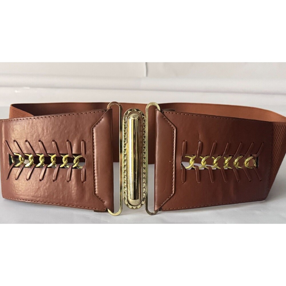 Wide Brown Corset Belt Gold Tone Chain Link and Buckle Statement Waist Cinch